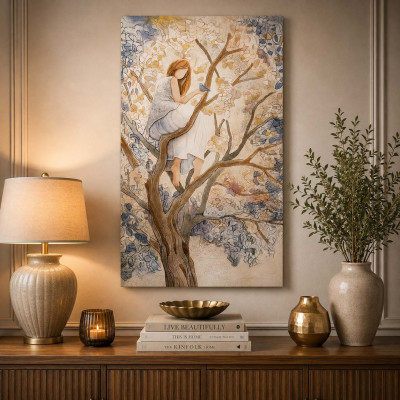 Cartapietra Ragazza sull'Albero Quadro verticale con bassorilievo dipinto a mano con retro in legno massello Colore: Toni Freddi