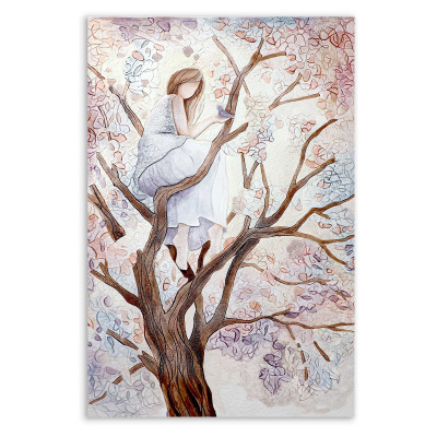  Cartapietra - Ragazza sull'Albero - Quadro verticale con bassorilievo dipinto a mano con retro in legno massello - SKU: 106909 