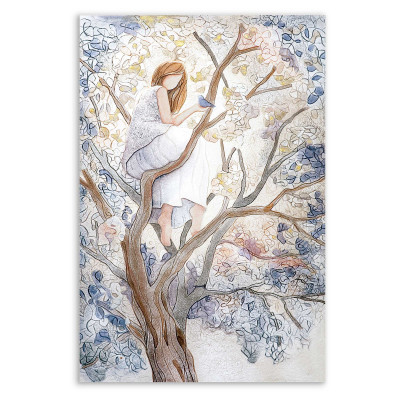 Cartapietra - Ragazza sull'Albero - Quadro verticale con bassorilievo dipinto a mano con retro in legno massello - Colore: Toni Freddi - SKU: 106909SE