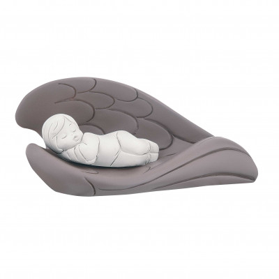 Bongelli Preziosi Bomboniera Battesimo - Scultura con bambino che dorme tra le ali colorate Colore: Tortora