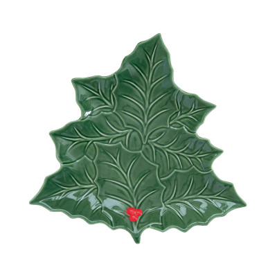 Easy Life Holly & Berries Piatto da portata a foglie in porcellana con motivi natalizi Colore: Verde