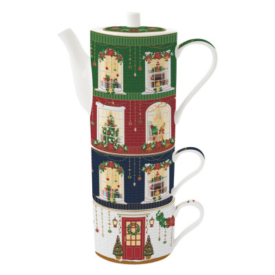  Easy Life - Festive Avenue - Set 2 tazze da the con teiera in porcellana con decoro natalizio - Colore: Multicolore - SKU: R1346#FEAV 
