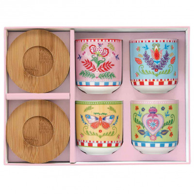  Easy Life - Spring Folk - Set 4 bicchierini da caffè in porcellana con piattini in bamboo - Colore: Multicolore - SKU: R1476#SFOL 
