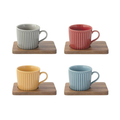 Easy Life - Take a break - Set 4 tazzine da caffè dal design moderno in porcellana e piattini in acacia - Colore: Multicolore - SKU: R1642#TBR5
