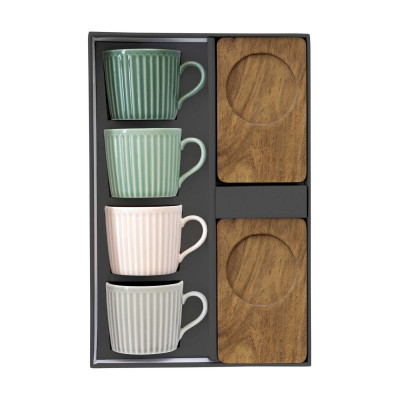 Easy Life - Take a break - Set 4 tazzine da caffè in porcellana e piattini in acacia dal design moderno - Colore: Multicolore - SKU: R1642#TBR7