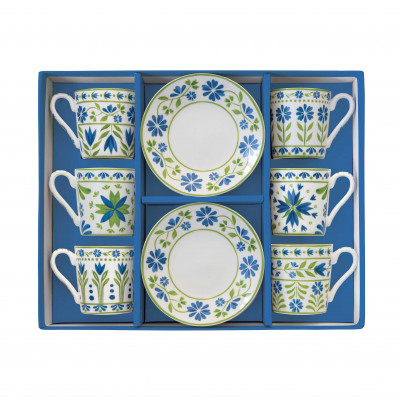 Easy Life - Flowers Garden - Set 6 tazzine con piattini in porcellana dal design moderno ed elegante - Colore: Verde/Blu - SKU: R0126#FLOG