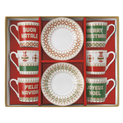 Easy Life Set 6 tazzine da caffè con piattini in porcellana con decori natalizi Colore: Multicolore