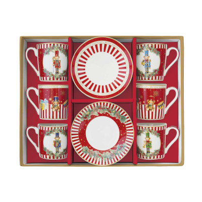 Easy Life Set 6 tazzine da caffè con piattino con decori natalizi Colore: Rosso/Bianco