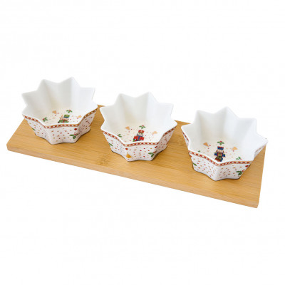  Easy Life - Magie de Noel - Set aperitivo con 3 ciotoline in porcella e vassoio bambù - SKU: R2183#MNOE 