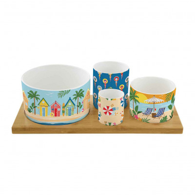 Easy Life - A la plage - Set aperitivo con ciotole in porcellana e vassoio in legno - Colore: Multicolore - SKU: R1468#ALAP 