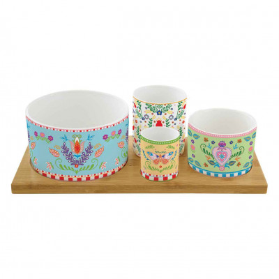  Easy Life - Spring Folk - Set aperitivo con ciotole in porcellana e vassoio in legno - Colore: Multicolore - SKU: R1468#SFOL 