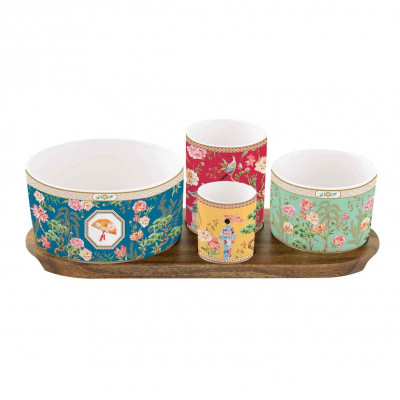  Easy Life - Jardins D'Orient - Set con 4 ciotole in porcellana e vassoio in acacia - Colore: Multicolore - SKU: R2073#JADO 
