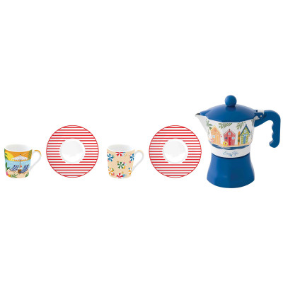  Easy Life - A la plage - Set con Caffettiera 2 tazze e 2 bicchierini in porcellana con piattini - Colore: Multicolore - SKU: R0134#ALAP 