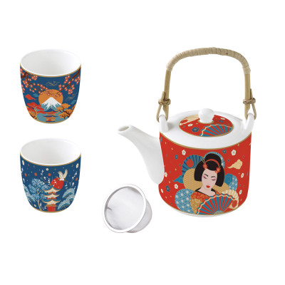  Easy Life - Tokyo - Set con Teiera e 2 bicchierini in porcellana - Colore: Rosso/Blu - SKU: R1467#TOKY 