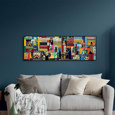 Egan - Quadro astratto moderno in tela dipinta a mano "Nella Mia Città" 150x50 - SKU: 101042
