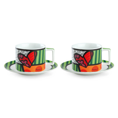 Egan - Britto - Set 2 tazze per cappuccino con piattino in porcellana dettagli con cuori - Colore: Multicolore - SKU: PBT12/1CU