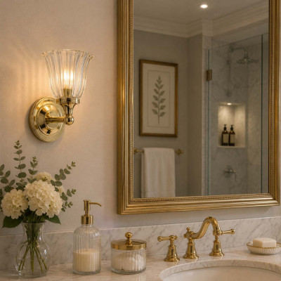 Elstead Lighting Austen Applique da bagno con struttura in acciaio e diffusore in vetro Colore: Ottone