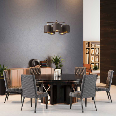 Elstead Lighting Balance Lampadario moderno in acciaio con 5 diffusori in tessuto Colore: Marrone Scuro