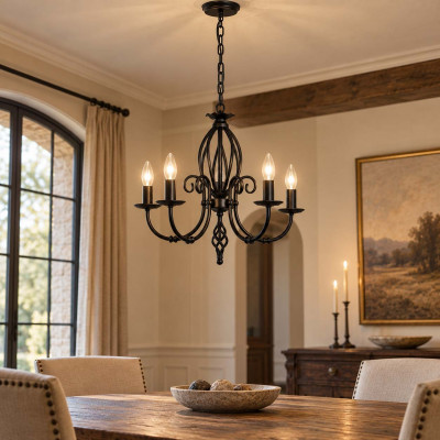 Elstead Lighting Artisan Lampadario classico da arredo con cinque diffusori in acciaio senza paralume Colore: Nero