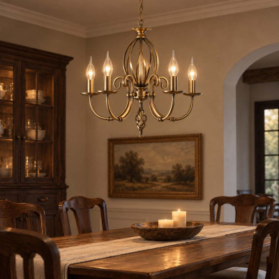 Elstead Lighting Artisan Lampadario classico da arredo con cinque diffusori in acciaio senza paralume Colore: Ottone