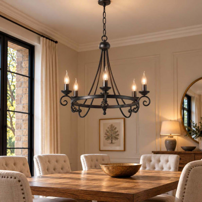 Elstead Lighting Harlech Lampadario classico grande con struttura in acciaio e 5 diffusori Colore: Nero