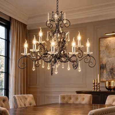 Elstead Lighting Amarilli Lampadario classico grande in acciaio con 10 diffusori e dettagli in vetro Colore: Nero/Argento