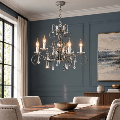 Elstead Lighting Amarilli Lampadario classico medio in acciaio con 5 diffusori e dettagli in vetro Colore: Nero/Argento