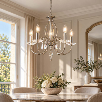 Elstead Lighting Aegean Lampadario classico regolabile in altezza con cinque braccia in acciaio Colore: Nichel