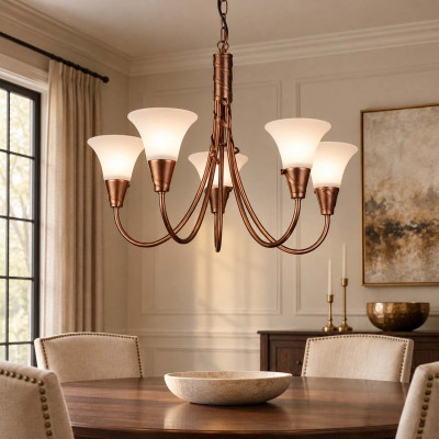 Elstead Lighting Emily Lampadario grande classico con struttura in acciaio e 5 diffusori in vetro Colore: Rame