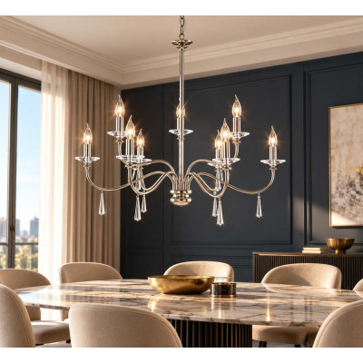 Elstead Lighting Finsbury Park Lampadario grande con struttura in acciaio con dettagli in vetro con 9 lampadine Colore: Nichel