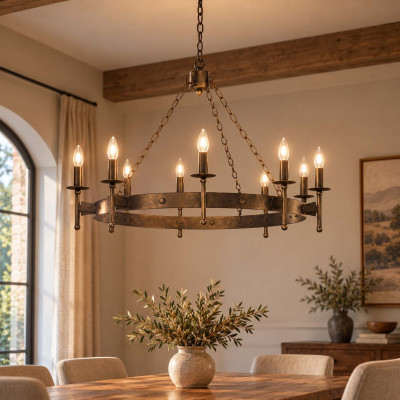 Elstead Lighting Cromwell Lampadario grande dal design rustico con struttura in acciaio e 8 diffusori Colore: Bronzo