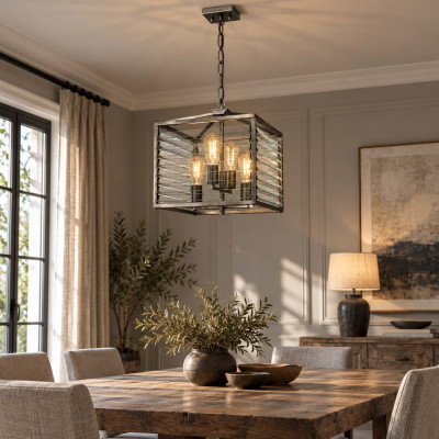 Elstead Lighting Louvre Lampadario in acciaio dal design moderno con 4 luci Colore: Grigio Scuro