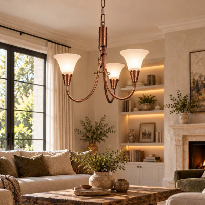 Elstead Lighting Emily Lampadario medio classico con struttura in acciaio e 3 diffusori in vetro Colore: Rame