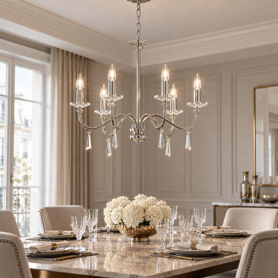Elstead Lighting Finsbury Park Lampadario medio con struttura in acciaio con dettagli in vetro con 6 lampadine Colore: Nichel