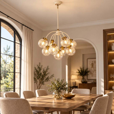 Elstead Lighting Cosmos Lampadario moderno grande con struttura in metallo e 9 diffusori in vetro Colore: Crema