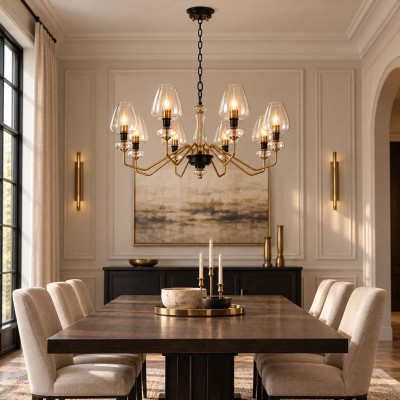 Elstead Lighting Armand Lampadario moderno grande struttura in acciaio e 8 diffusori in vetro Colore: Ottone