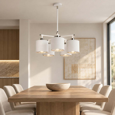 Elstead Lighting Balance Lampadario moderno in acciaio con 5 diffusori in tessuto Colore: Bianco