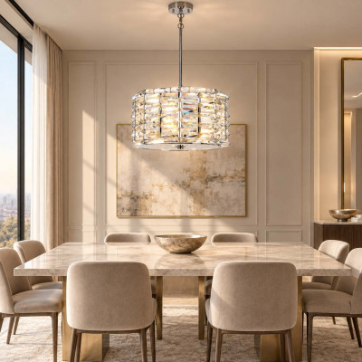 Elstead Lighting Shoal Lampadario moderno in acciaio con diffusore rotondo in vetro a faccette Colore: Nichel