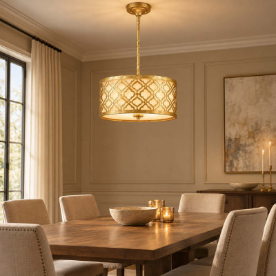 Elstead Lighting Arabella Lampadario moderno in acciaio con paralume in lino Colore: Oro