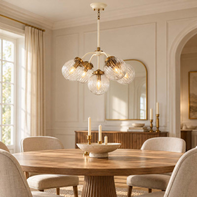 Elstead Lighting Cosmos Lampadario moderno medio con struttura in metallo e 5 diffusori in vetro Colore: Crema