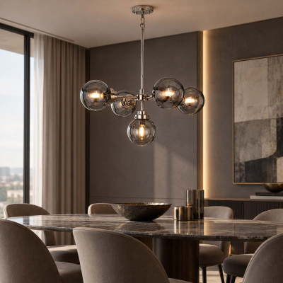 Elstead Lighting Kula Lampadario moderno medio in acciaio con 5 diffusori a boccia in vetro Colore: Nichel