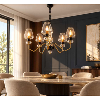 Elstead Lighting Armand Lampadario moderno medio struttura in acciaio e 5 diffusori in vetro Colore: Ottone