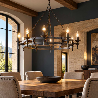 Elstead Lighting Saxon Lampadario rustico con struttura in acciaio grande e 8 lampadine Colore: Nero/Argento