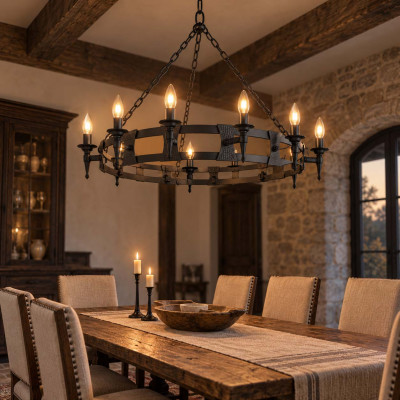 Elstead Lighting Saxon Lampadario rustico con struttura in acciaio grande e 8 lampadine Colore: Nero