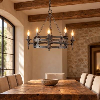 Elstead Lighting Saxon Lampadario rustico con struttura in acciaio media e 5 lampadine Colore: Nero/Argento