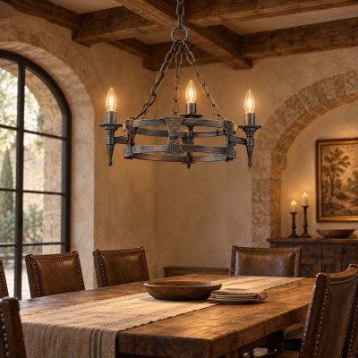 Elstead Lighting Saxon Lampadario rustico con struttura in acciaio piccola e 3 lampadine Colore: Nero/Argento