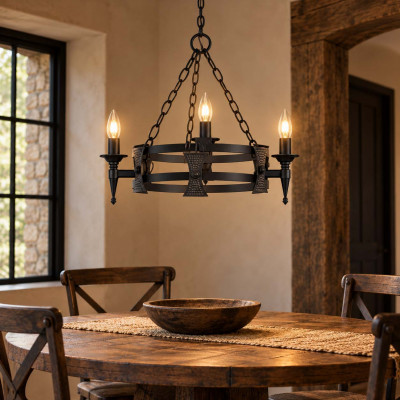 Elstead Lighting Saxon Lampadario rustico con struttura in acciaio piccola e 3 lampadine Colore: Nero