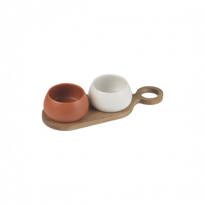  Evviva - Set 2 ciotoline in ceramica con vassoio in legno - Colore: Legno - SKU: EVV-5882 
