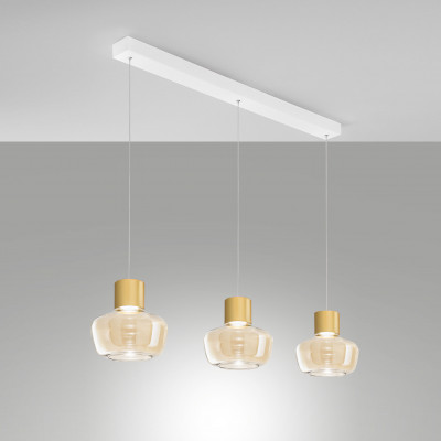 Fabas Luce - Kino - Lampada a sospensione a LED in metallo con 3 diffusori lineari in vetro - Colore: Cognac - 3 Lampadine - Led Integrato - 36W - Lumen 3900 - Gradi Kelvin 3000k Luce Calda - IP20 - SKU: 3767-48-365
