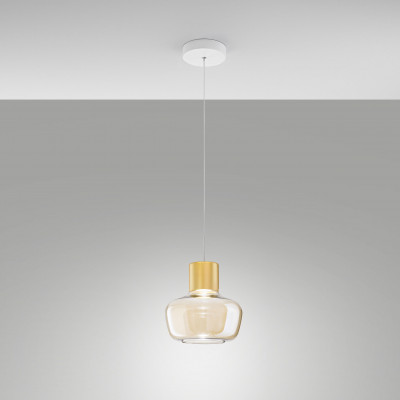 Fabas Luce - Kino - Lampada a sospensione a LED in metallo con diffusore in vetro dal design moderno - Colore: Cognac - 1 Lampadina - Led Integrato - 12W - Lumen 1300 - Gradi Kelvin 3000k Luce Calda - IP20 - SKU: 3767-40-365